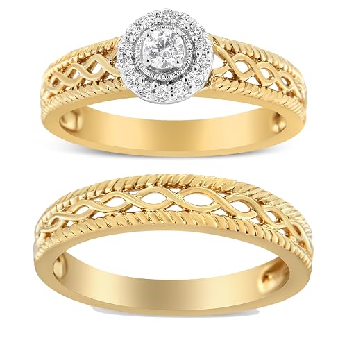 14K Yellow Gold Plated .925 Sterling Silver 1/5 Cttw Diamond Halo Engagement Ring and Wedding Band Set (I-J Color, I3 Clarity) - Size 11