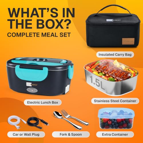 FORABEST Heated Lunch Box - 80W Electric Lunch Box - Portable Food Warmer with 1.5L Stainless Steel Container, Carry Bag & Leakproof Lid - 12V/24V Car/Truck & 110/220V Home/Office - Neon Blue by FORABEST - Image 3