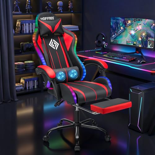 Image of HOFFREE Gaming Chair Massage with LED RGB Lights and Footrest Ergonomic Computer Chair High Back Video Game Chair with Adjustable Lumbar Support Linkage Armrest Red and Black