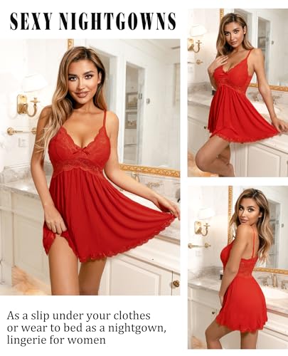 Image of Avidlove Women Chemise Night Gown Lace Modal Sleepwear V-Neck Full Slip Babydoll Lingerie Sexy Nightgowns