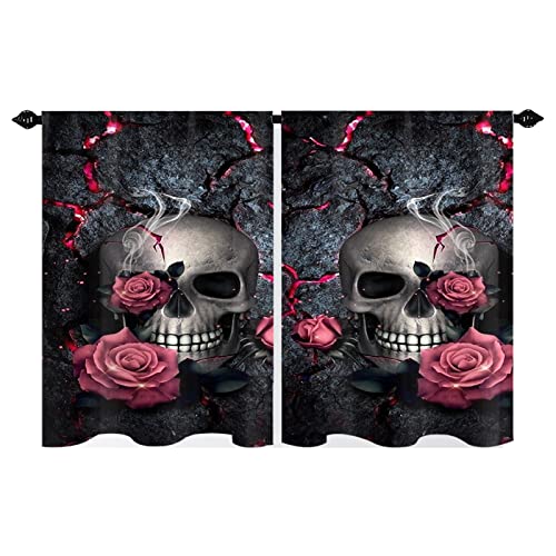 Skull And Pink Roses Kitchen Curtains Floral Day Of The Dead Rod Pocket Small Drapes Cafe Curtain Bedroom Window Drapes 2 Panels 27.5" W×39" L #TOP2