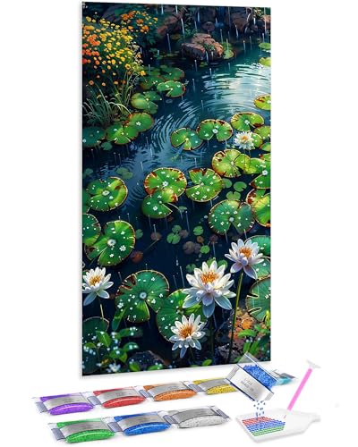 Kit Jumpdot de pintura de diamante 5D, loto bajo la lluvia 70x40 cm contra el estrés
