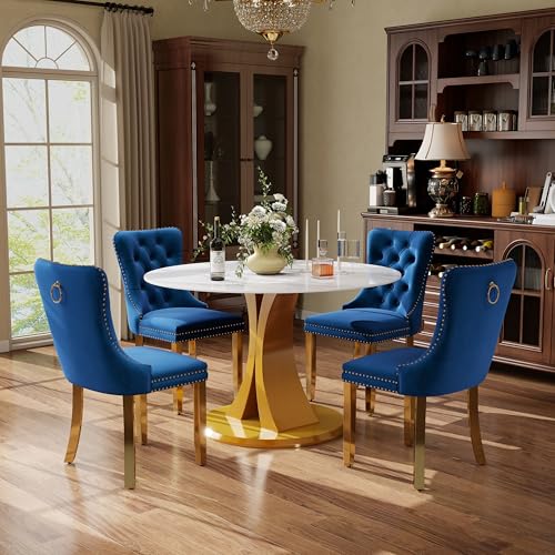 Image of 5-Piece Dining Table Set with 39In Faux Marble Table and 4 Velvet Upholstered Chairs, Modern Scandinavian Furniture for Dining Room Kitchen(Blue&Gold)