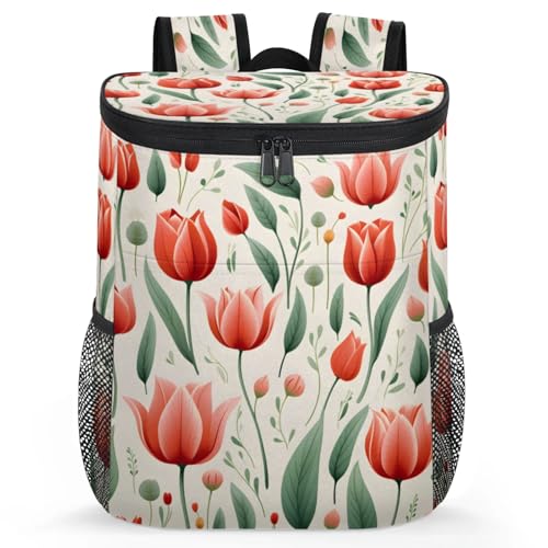 CNNINGYI Camping Cooler Backpack 30 Cans, Soft Spring Summer Tulip Flower Backpack Coolers Insulated Leak Proof Travel Cooler Bag, Waterproof Lunch Picnic Work Bag, Red Tulip