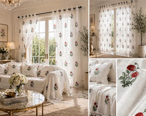 Image of LINENWALAS Decorative Cotton Linen Sheer Curtains 7.5 Feet Long for Door Block Printed Floral Door Curtain |Grommet Hanging Style Pack of 2 Panels |Light Filtering Sheer Drapes (Rubby Flora, 7.5 Feet)