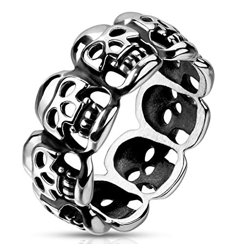 Bague en Acier Chirurgical 316L Argenté - Alliance Biker - Ribambelle de Têtes de Mort Formant l'Anneau - 9 mm - (59) Cover
