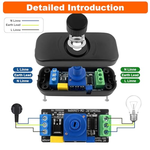 Inline LED Dimmer Switch 1 Gang, 220V-240V Trailing Edge Dimmer, Rotary Control ON/OFF Dimmer Switch Rated 3-100W for Dimmable Light Table Lamp Incandescent Halogen Bulbs Pendant (Black) - Image 4