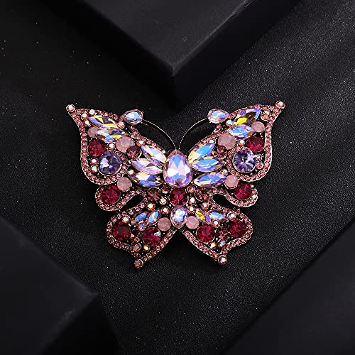 Image of Wedding Bridal Big Gold Butterfly Brooch with Wine Red Crystals Unisex Bling Brooch Pin