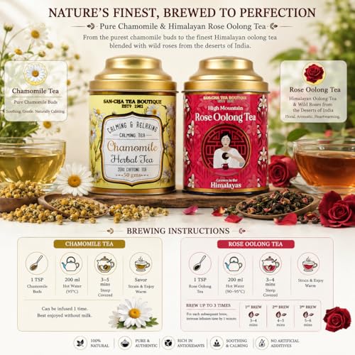 Image of Sancha Tea Boutique, Tea Combo Pack: Chamomile Herbal (50g), Caffeine Free Herbal Tisane & Rose Oolong Teas (50G), Best for Weight Watchers