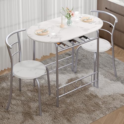 Image of VECELO 3-Piece Dining Table Set for Kitchen Breakfast Nook, Faux Marbled Oval Tabletop and Metal Frame with Built-in Wine Rack, for Small Spaces, White & Silver