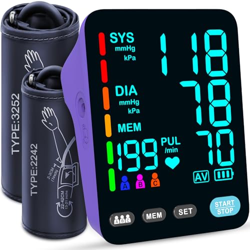 Image of Blood Pressure Monitor, Automatic Upper Arm Blood Pressure Monitors for Home Use, 2 Blood Pressure Machine Cuff(9-17in & 13-21in) with Large LED Backlit Display, 3x199 Reading Memory Purple