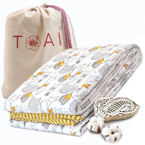 Image of TOAIArt Premium Jaipuri Dohar | AC Blanket Summer Quilt | Hand Block Printed | 3 Layers | Reversible | 150GSM 100% Mulmul Cotton | 100% Cotton Flannel Filling | Single 60 inch X 90 inch |Grey Yellow Cartoon
