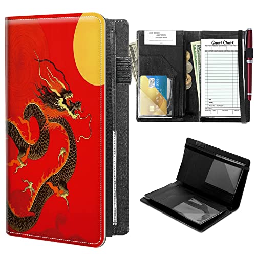 High Volume Server Books, Golden Dragon Server Book w/ 2 Expandable Pockets 9 x 5 Cute Waitress Book Zipper Pocket & Strap Closure Waitstaff Organizer Server Booklet Waiter Money Wallet