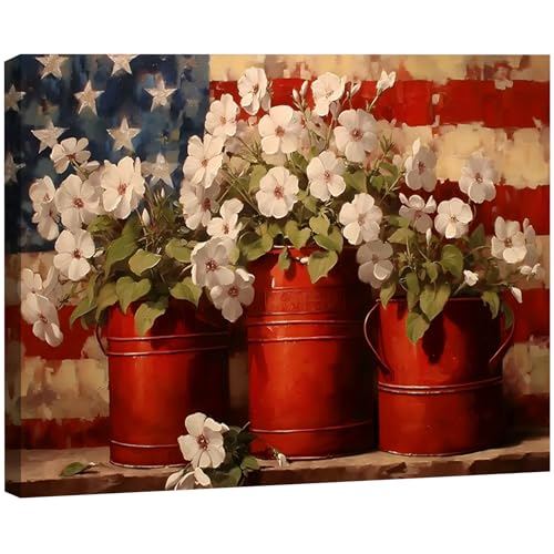 Image of Rustic 4th of July Patriotic Flower Pots Canvas Wall Art - Large Framed US Flag Poster Painting, Independence Day Wall Decor for Living Room Bedroom or Holiday Celebrations