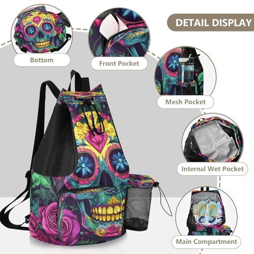 Mesh Gym Swimming Bags for Men & Women, Sugar Skull Rose Diamond Large Drawstring Backpack with Dry-Wet Pocket, Lightweight Gym Bag for Sports, Travel, Beach, Workout Gear4