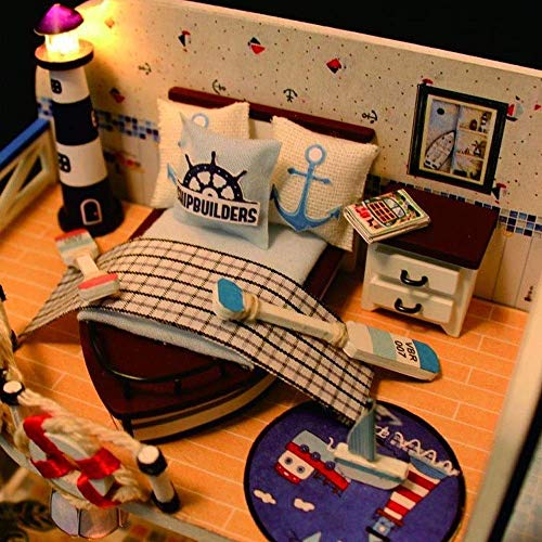 DIY Mini Puppenhaus Baby Holzmöbel Kit, Hellblaue Küste Handgemachte Hütte Kleines Haus Staubschutz & Spieluhr… – Bild 8