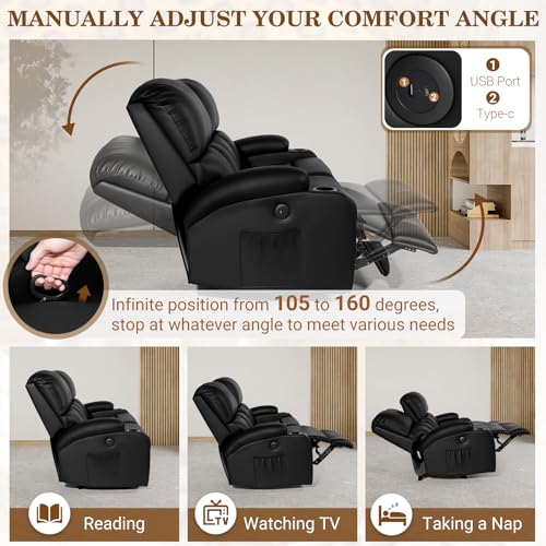 Image of CHABATREE Home Theater Seating,RV Recliner Sofa with Massage and Heat,Manual RV Recliner Loveseat with USB /Cup Holders and Side Pocket for Living Room,2 Seater Black