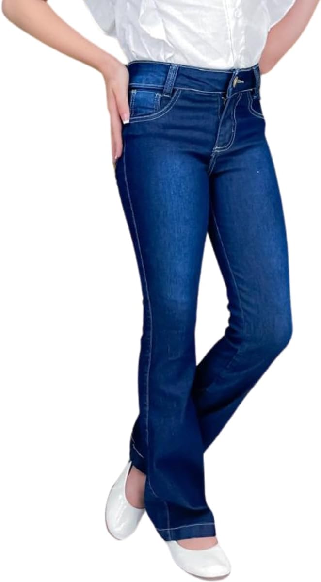 Calça Flare Jeans Feminina Infantil Juvenil, 97% Algodão 3% Elastano, Jeans Claro e Escuro
