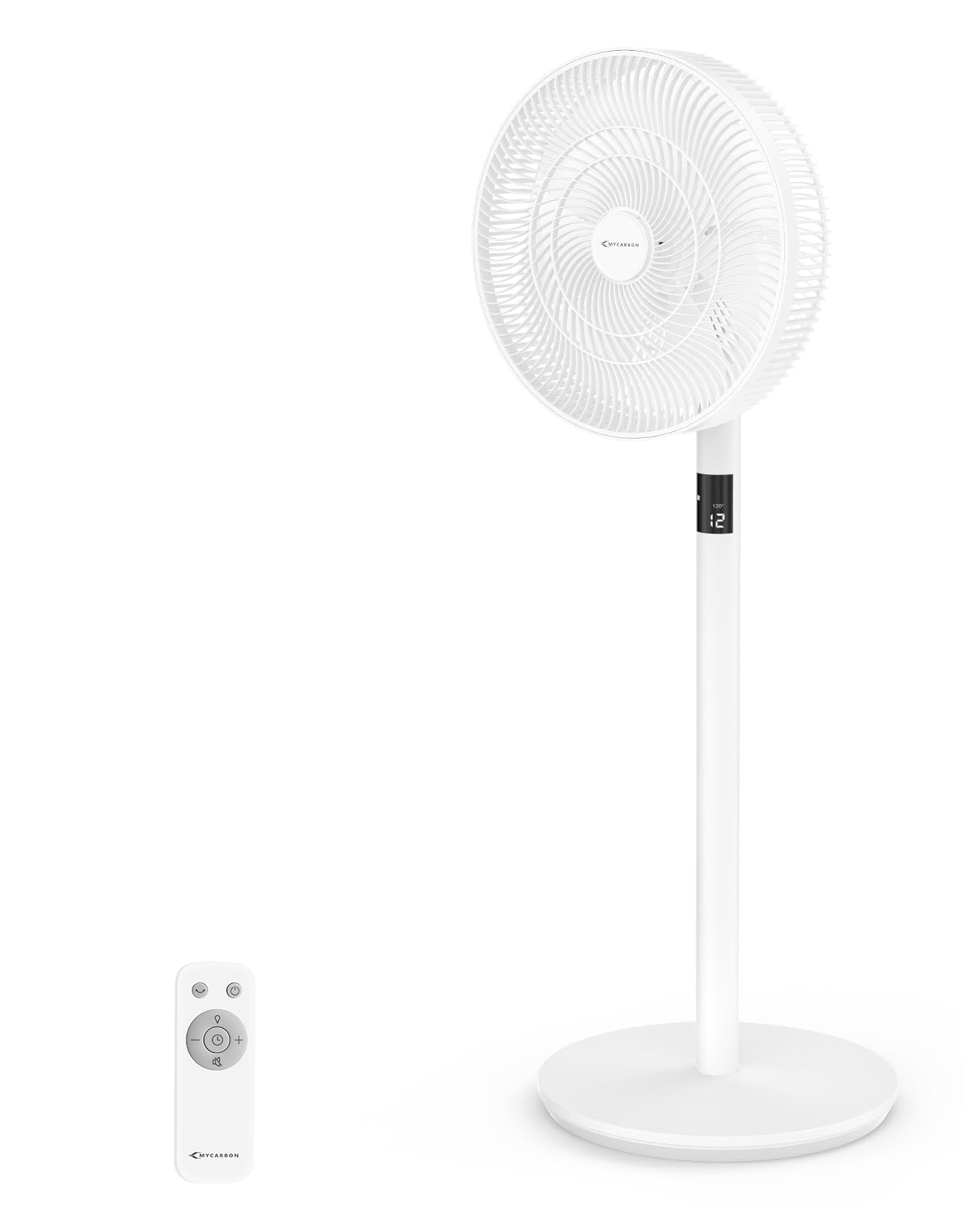 MYCARBON Ventilateur Sur Pied Silencieux avec Télécommande 20dB Moteur DC 2200m³/h 12 Vitesses 12h Timer Oscillation LED Écran Hauteur Réglable 102cm/74cm/48cm Ventilateur de Table pour Chambre