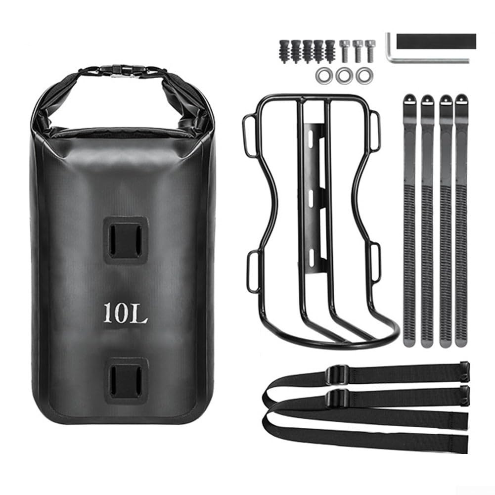 Borsa per forcella anteriore della bicicletta, con contenitore impermeabile da 10 litri e portapacchi in lega di alluminio, per MTB, bici da strada, bici e scooter, telaio in metallo resistente per un
