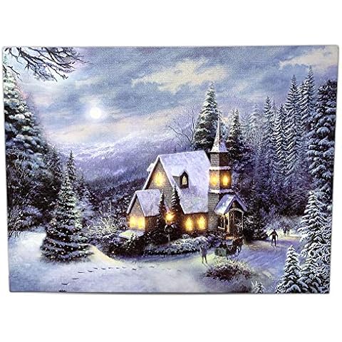 BANBERRY DESIGNS Lighted Church Christmas Canvas Print - Light Up LED Winter Woodland Country - Snowy Forest Setting Cover