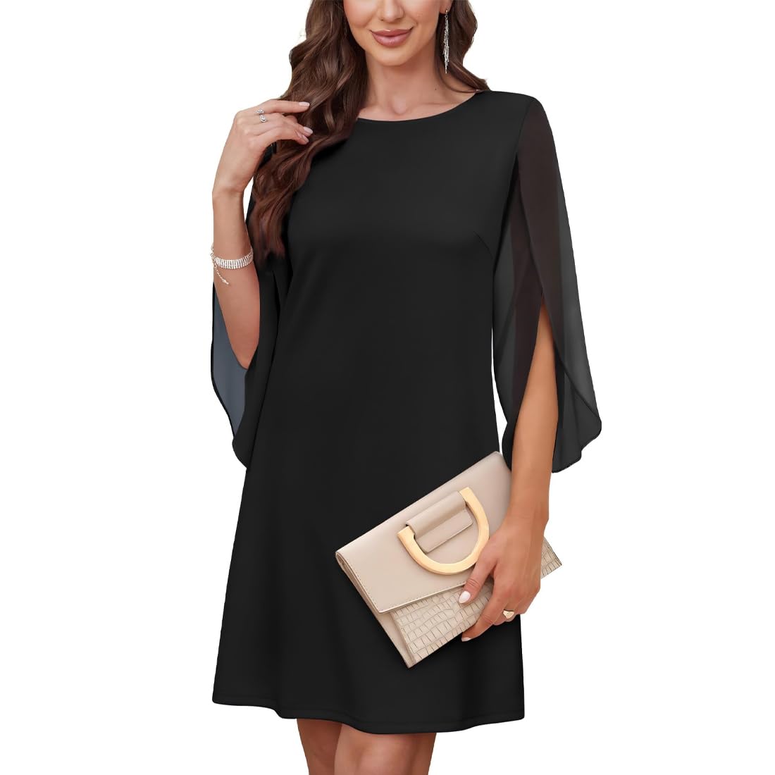 Vestido de Cóctel para Mujer Vestidos Casual de Manga 3/4 Vestido de Gasa Cuello Redondo Vestidos Midi Elegante Bodycon Vestiti de Noche para Fiesta