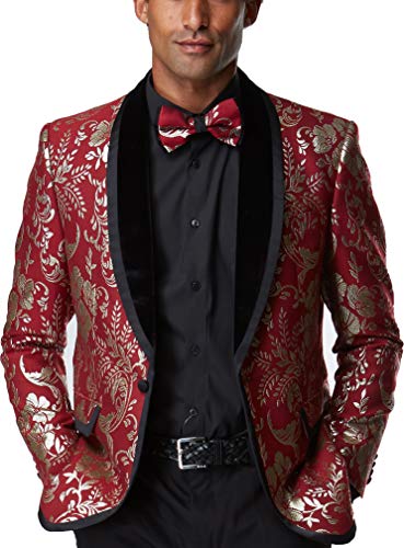 Men's Dress Party Floral Suit Satin Velvet Lapel Lapel Slim Fit One Button Stylish Blazer (X-Large, Red)