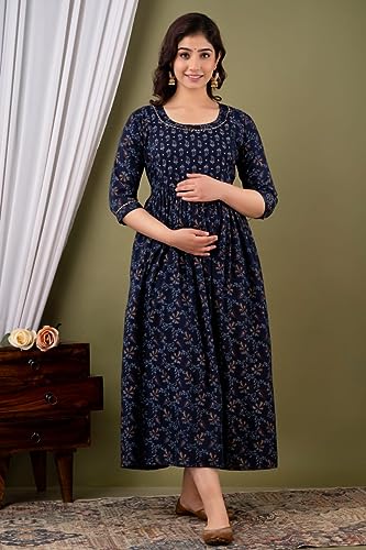 Image of Women's Feeding Kurta Cotton | Floral Anarkali Pregnancy Kurta with Nursing Zipper | Pre & Post Partum | Maternity Dresses | Mom to Be Gift