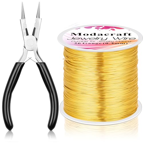 Image of ModaCraft 26 Gauge Ultra-FINE Jewelry Wire Gold (328ft /100m) + 4-in-1 Ergonomic Pliers Set | Tarnish Resistant Copper Craft Wire for Wire Wrapping, Beading & Micro Jewelry Making | DIY Supplies Kit