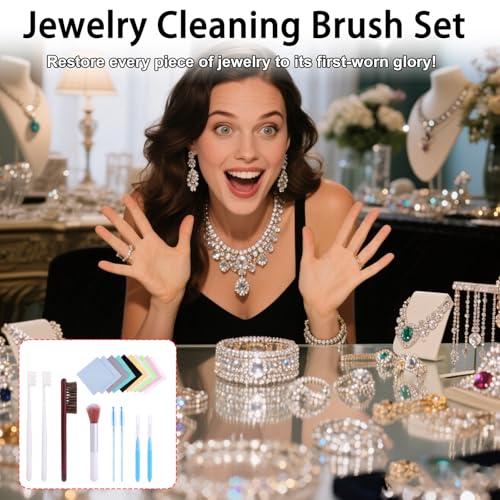 Jewelry Cleaning Brush Set, Professional Silver Cleaning Kit with Polishing Cloth Needles Brush for All Jewelry Diamond Ring Earring