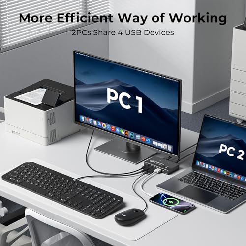USB 3.0 Switch 2 Computers Sharing USB C & A Devices,Easy One-Click Device Switching with USB-C Cable & USB-A Cable,USB Switch Hub Share Keyboard Mouse Printer Scanner(USB3.0 2in4out)