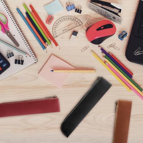 Image of 5 Pcs PU Leather Pencil Pouch, Vintage Aesthetic Pen Case, Portable Zipper Bag Slim Pencil Pouch for Pens, Markers, Makeups, Change, Coins