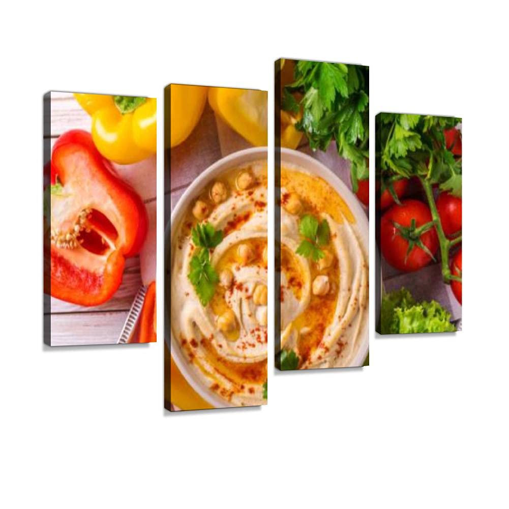 Canvas Print Artwork Hummus and chickpea Cuisine Top view Wall Art Pictures Framed Digital Print Abstract Painting Room Home Office Decor Ready to Hang - 4 Panel