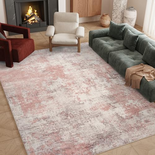 Tapete lavable 8x10 rosa/gris antideslizante para sala miniatura 1