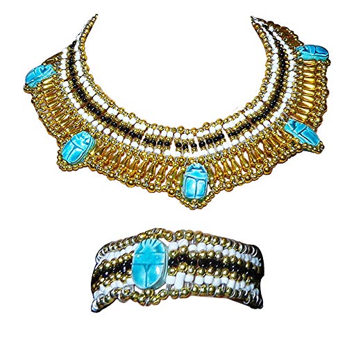 Egyptian Cleopatra Nefertiti Scarab Necklace + Bracelet Collar Choker Hand Made Multi Beaded Beetle Beads King Queen 8.5 Pendant Christmas Halloween Ancient Egypt Pharaoh Costume Accessory Jewelry Belly Dance