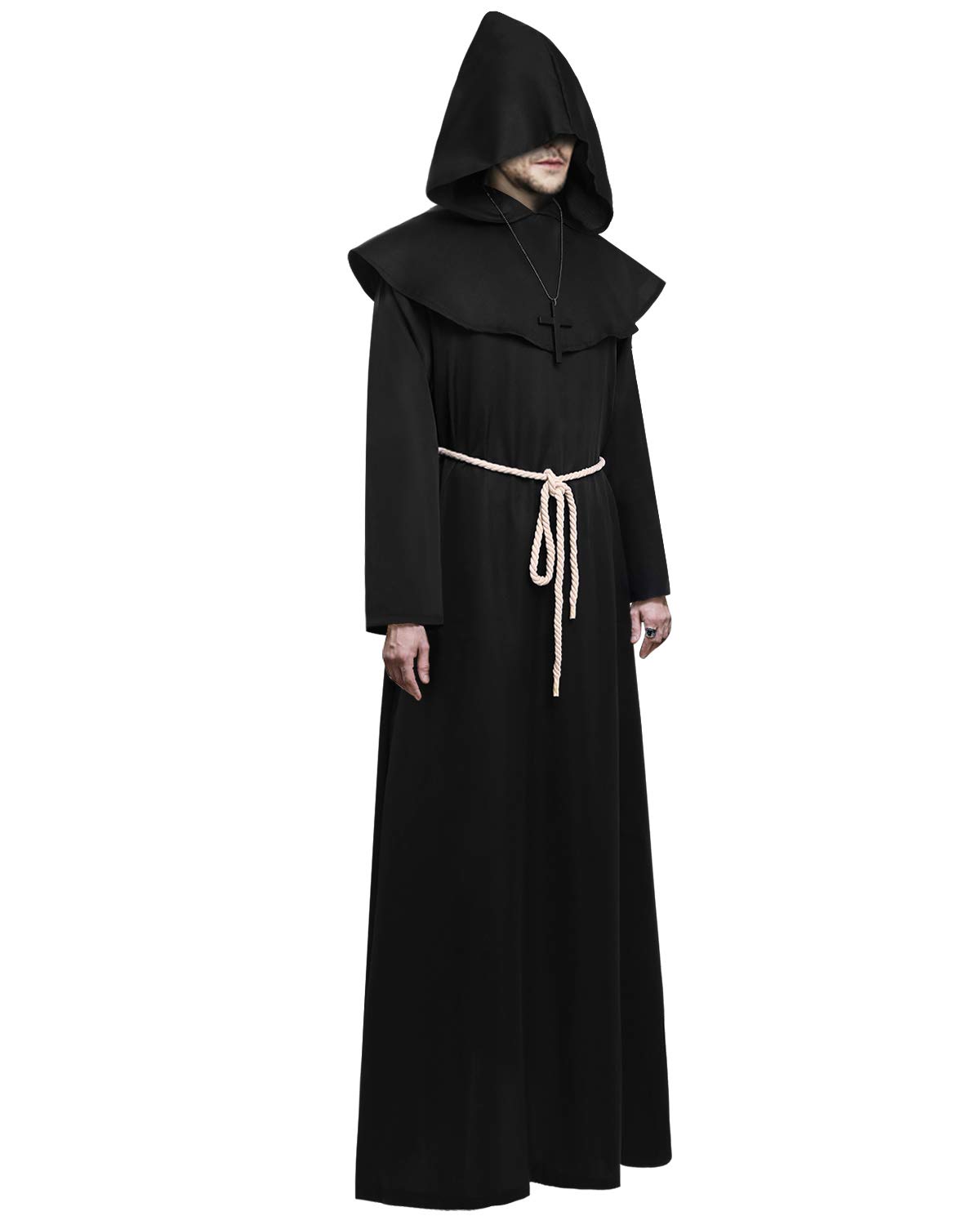 KONVINIT Costume da monaco medievale Frate accappatoio Medievale Sacerdote Rinascimentale Cappuccio Costume saio con Cappuccio Vestito da Monaco frate per Halloween Carnevale