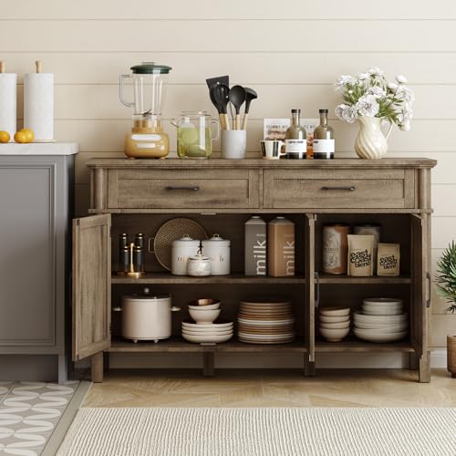 Image of ONBRILL 55 Inch Buffet Cabinet with Storage, Farmhouse Sideboard Buffet w /2 Drawers and 3 Doors, Coffee Bar Cabinet with Adjustable Shelves, Sideboard Storage for Kitchen, Living Room, Washed Grey