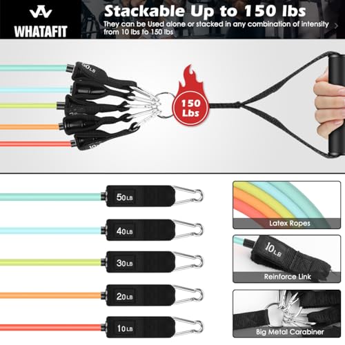 Image of WHATAFIT Resistance Bands, Exercise Bands, Workout Bands with Handles, Door Anchor and Ankle Straps, 5 Resistance Levels Fitness Bands for Strength Training, Physical Therapy, and Home Gym Equipment