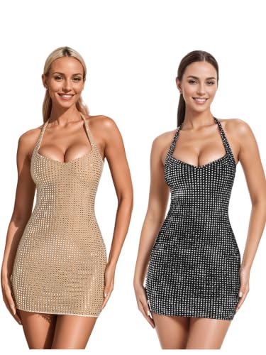 Image of Figdaw Women Sparkle Rhinestone Halter Bodycon Mini Dress