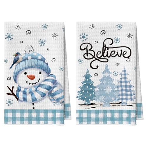 Artoid Mode Juego de 2 paños de cocina con diseño de muñeco de nieve y árboles, 42 x 65 cm, microfibra, absorbentes, color azul