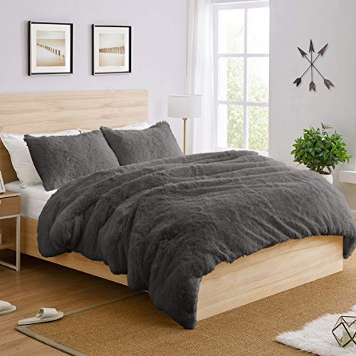 Sweet Jojo Designs Boho Chic Bohemian Dark Charcoal Grey Fuzzy Faux Fur Plush Duvet Comforter Cover And Sham 3 Pc. Full Queen Size Set Soft Shaggy Fluffy Gray Bedding Bedroom Aesthetic Luxury Dorm #TOP1