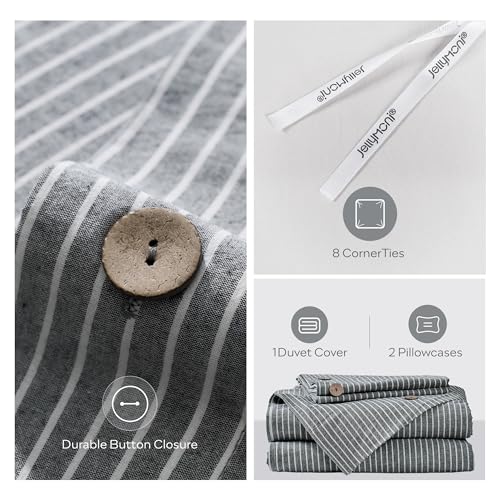 Image of JELLYMONI Cotton Duvet Cover Full Size - Black Vertical Pinstriped Comforter Cover with Button 100% Washed Cotton 3PCS Breathable Soft Solid Bedding Set Duvet Cover 80x90in & 2 Pillowcases