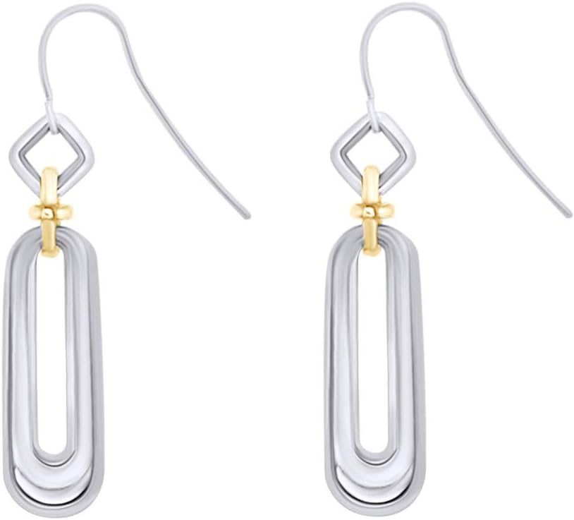 Two Tone Geometric Link Dangle Hook Earrings In 14k Gold Over Sterling Silver For Women