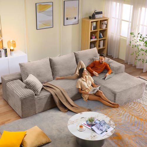 Image of 107.5 inch W Modular Sectional Sofa, Upholstered Corduroy Cloud Couch with Deep Seat, Modern 3-Seater L-Shaped Sofa for Living Room, No Assembly Required (Camel, Right-Facing Chaise)