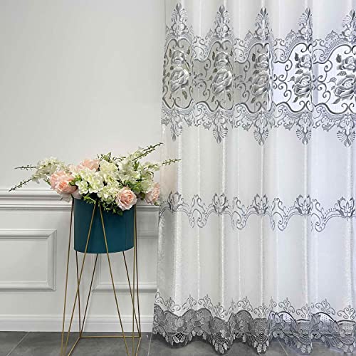 Zzczzc 1 Pair (2 Panels) European Embroidery Home Window Draper Panel Deluxe Hollowed Cloth Curtains For Villa Bedroom Gray Floral Semi Shading Valances Metal Ring Top Macrame Curtains W39 X L96 Inch #TOP5