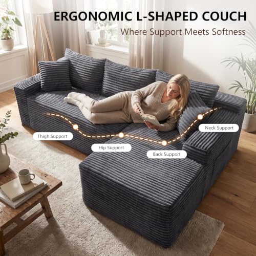 Image of 106.3 inch L Shaped Boneless Sectional Corduroy Couches for Living Room (Gray)