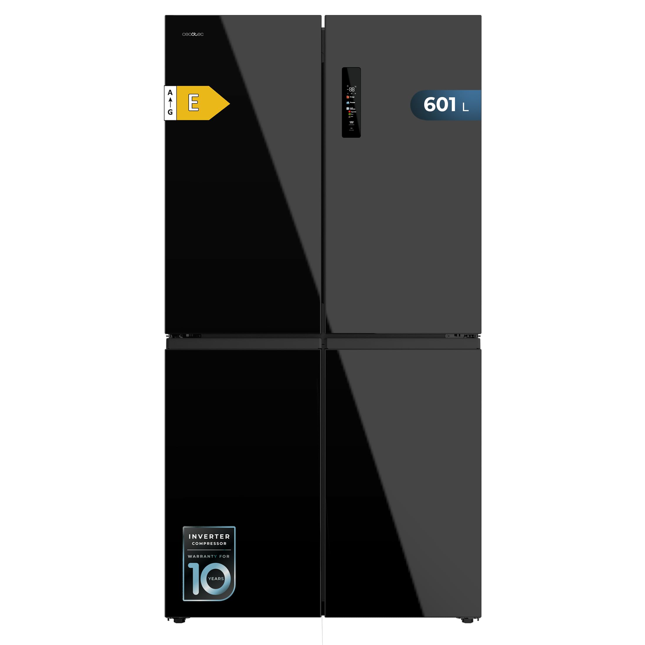 Cecotec Frigorífico Americano 4 Puertas Bolero CoolMarket 4D 601 Black Glass E. 601L, Motor Inverter, 90cm, No Frost, ECO, Fast Cooling, Display, Alarma Temperatura, Diseño Elegante, Cristal Negro