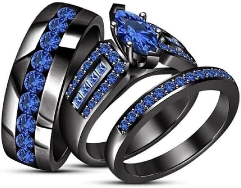 2.45Ct Round & Marquise Cut Created Blue Sapphire Stylish Wedding Bridal Trio Ring Set for Him & Her 14K Black Gold Over 925 Sterling Silver