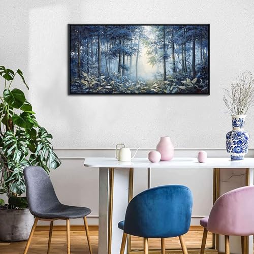 Image of Forest Canvas Wall Art for Living Room - Navy Blue Bedroom Wall Art, Landscape Pictures Wall Decor, Forest Painting, Framed Nature Tree Artwork Walls 20x40IN