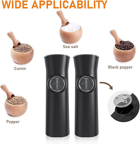 Miniatura 6 de Gravity - Juego de molinillo eléctrico de sal y pimienta, molinillo automático de sal y pimienta, funciona con pilas, grosor ajustable, luz LED,